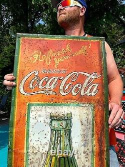 Vintage Metal Vertical 54in Coca Cola Soda Pop Bottle Graphic Sign Coke