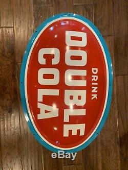 Vintage NOS DOUBLE COLA Soda Metal Convex Oval Sign RARE 36x 24 Mint Coke