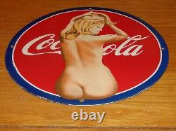 Vintage Nude Coca Cola Model 11 3/4 Porcelain Metal Soda Pop Gasoline Oil Sign