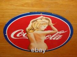 Vintage Nude Coca Cola Model 11 3/4 Porcelain Metal Soda Pop Gasoline Oil Sign