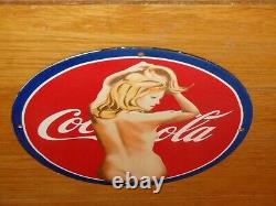 Vintage Nude Coca Cola Model 11 3/4 Porcelain Metal Soda Pop Gasoline Oil Sign