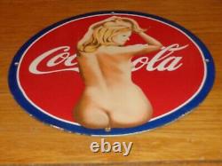 Vintage Nude Coca Cola Model 11 3/4 Porcelain Metal Soda Pop Gasoline Oil Sign