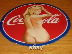 Vintage Nude Coca Cola Model 11 3/4 Porcelain Metal Soda Pop Gasoline Oil Sign