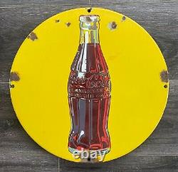Vintage ORIGINAL 1930's Coca-Cola Yellow Porcelain Button Sign Soda Pop Gas