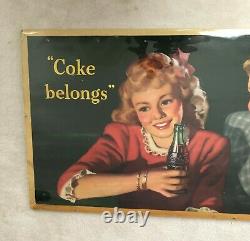 Vintage ORIGINAL 1944 Large Coca Cola Coke Cardboard Sign Coke Belongs, VG/VG+