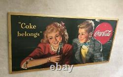 Vintage ORIGINAL 1944 Large Coca Cola Coke Cardboard Sign Coke Belongs, VG/VG+