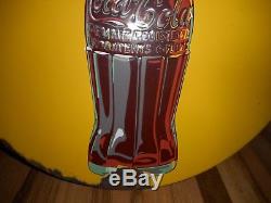 Vintage Orig YELLOW Porcelain Coca Cola Coke Soda Advertising Round Button SIGN