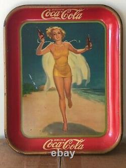 Vintage, Original, 1937 Coca-Cola Serving Tray, Girl Running on Beach, VG/VG+