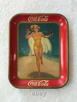 Vintage, Original, 1937 Coca-Cola Serving Tray, Girl Running on Beach, VG/VG+