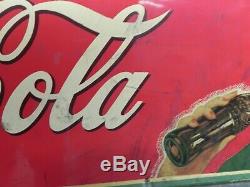 Vintage Original 1940 Drink Coca Cola 33 x12 metal Soda Bottle Sign with Girl