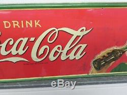 Vintage Original 1940 Drink Coca Cola 33 x12 metal Soda Bottle Sign with Girl