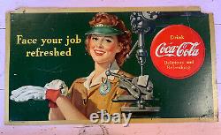 Vintage Original 1943 Coca-Cola Litho Cardboard Sign Ad Large Face Your Job RARE