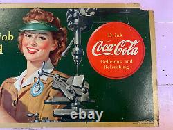 Vintage Original 1943 Coca-Cola Litho Cardboard Sign Ad Large Face Your Job RARE