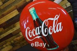 Vintage Original 1950's Coca Cola Button Sign with Bracket CLEAN 36 Gas Oil Adv