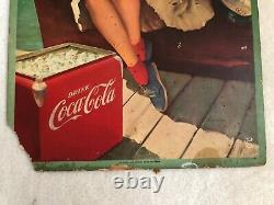 Vintage, Original, 1950's Double-Sided Coke Cardboard Sign, At Home/Refresh