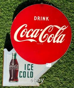 Vintage Original Coca Cola Flange Soda Pop Metal with Bottle Sign 16 by 22 1950