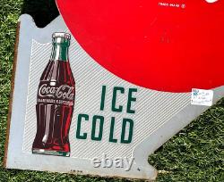 Vintage Original Coca Cola Flange Soda Pop Metal with Bottle Sign 16 by 22 1950