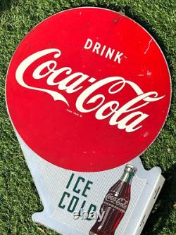 Vintage Original Coca Cola Flange Soda Pop Metal with Bottle Sign 16 by 22 1950