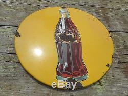 Vintage Original YELLOW Porcelain Coca Cola Coke Soda Advertising Round Button S