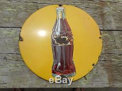 Vintage Original YELLOW Porcelain Coca Cola Coke Soda Advertising Round Button S
