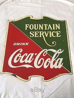Vintage Porcelain Drink Coca Cola Fountain Service Double Sided Enamel Sign