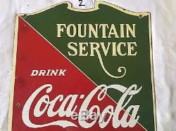 Vintage Porcelain Drink Coca Cola Fountain Service Double Sided Enamel Sign