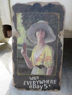 Vintage Rare 5c Drink Coca Cola Advertising Sign Hand Painted Slate Pretty Lady