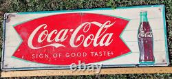 Vintage Rare COCA-COLA Fishtail Metal Sign Sign Of Good Taste 1960's