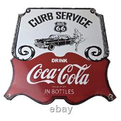 Vintage Route 66 Coca Cola Porcelain Sign Curb Service Soda Diner Pump Sign