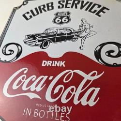Vintage Route 66 Coca Cola Porcelain Sign Curb Service Soda Diner Pump Sign