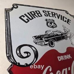 Vintage Route 66 Coca Cola Porcelain Sign Curb Service Soda Diner Pump Sign