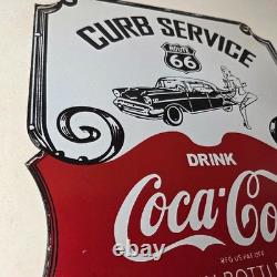 Vintage Route 66 Coca Cola Porcelain Sign Curb Service Soda Diner Pump Sign