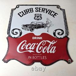 Vintage Route 66 Coca Cola Porcelain Sign Curb Service Soda Diner Pump Sign
