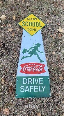 Vintage Slow School Zone Coca Cola Sign Soda Porcelain Enamel 48x17 Coke