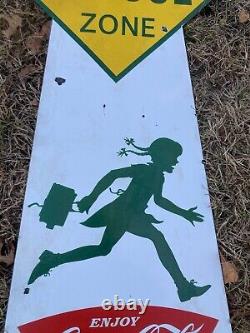 Vintage Slow School Zone Coca Cola Sign Soda Porcelain Enamel 48x17 Coke