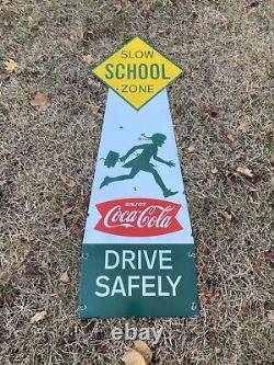 Vintage Slow School Zone Coca Cola Sign Soda Porcelain Enamel 48x17 Coke