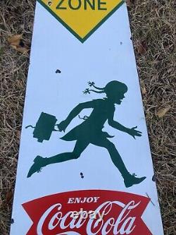 Vintage Slow School Zone Coca Cola Sign Soda Porcelain Enamel 48x17 Coke