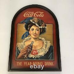 Vintage Wooden Coca Cola Lady Sign 32X23 The Year Round Drink