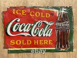 Vintage c. 1930 Coca Cola Sign Ice Cold Sold Here 17 x 26 Soda Pop Gas Station