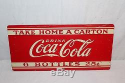 Vintage c. 1938 Coca Cola 6 Bottles 25c Carton Soda Pop 2 Sided 18 Metal Sign