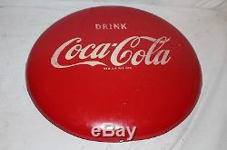 Vintage c. 1950 Drink Coca Cola Button Soda Pop 16 Curved Metal Sign