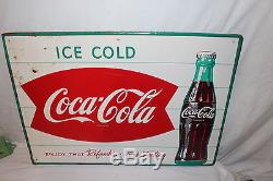 Vintage c. 1960 Coca Cola Fishtail Soda Pop Bottle 28 Metal Sign