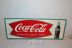 Vintage c. 1960 Coca Cola Fishtail Soda Pop Bottle 32 Metal SignNice Condition