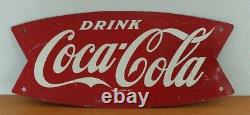 Vintage c. 1960 Coca Cola Fishtail Soda Pop Gas Station Metal Sign Coke