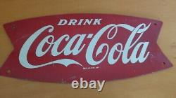 Vintage c. 1960 Coca Cola Fishtail Soda Pop Gas Station Metal Sign Coke