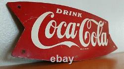 Vintage c. 1960 Coca Cola Fishtail Soda Pop Gas Station Metal Sign Coke