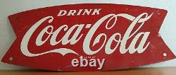 Vintage c. 1960 Coca Cola Fishtail Soda Pop Gas Station Metal Sign Coke