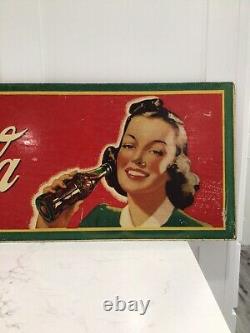 Vintage drink Coca Cola masonite sign 1940's wwii Era Rare 12x34