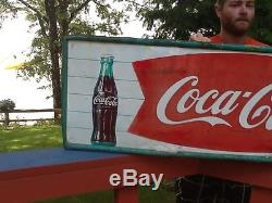 Vintage early Coca Cola Soda Pop Metal Fishtail Sign With bottle & can Coke 54 in