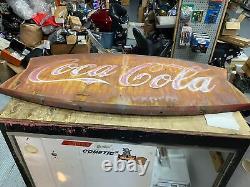 Vtg 1940's Coke Coca Cola Fishtail Sign Great Patina Tin Advertising Soda Collec